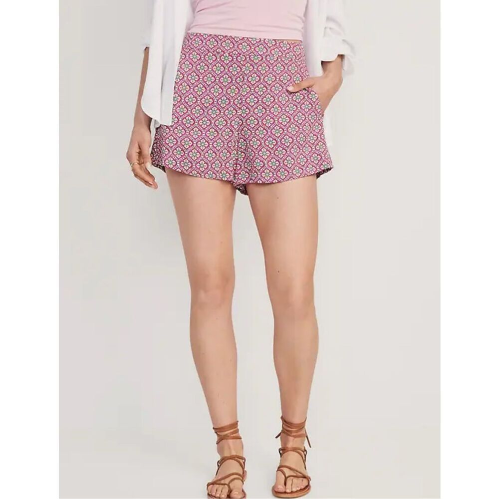Old Navy Playa pink high waisted flowy textile shorts sz L women's beachy comfor